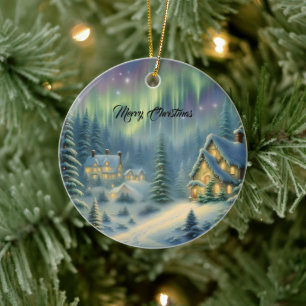 Magical Christmas night in the forest under stars Ceramic Tree Decoration