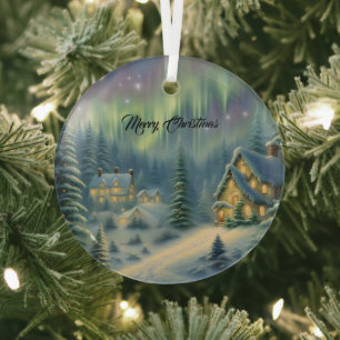 Magical Christmas night in the forest under stars  Glass Tree Decoration