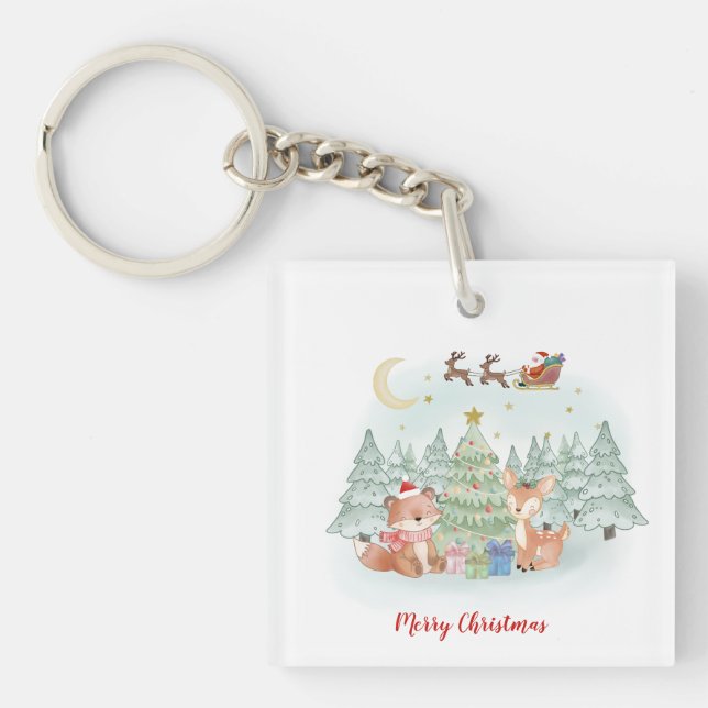 Magical Christmas Night in the Winter Forest Key Ring (Front)