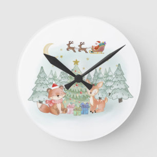 Magical Christmas Night in the Winter Forest Round Clock