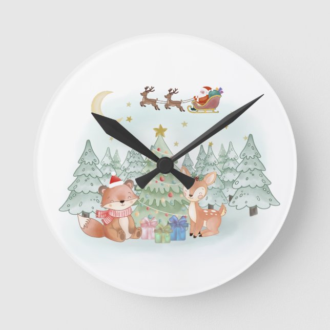 Magical Christmas Night in the Winter Forest Round Clock (Front)