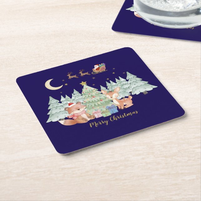 Magical Christmas Night in the Winter Forest Square Paper Coaster (Angled)