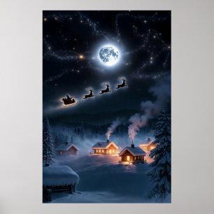 Magical Christmas Night   Santa Flying Over Snowy  Poster