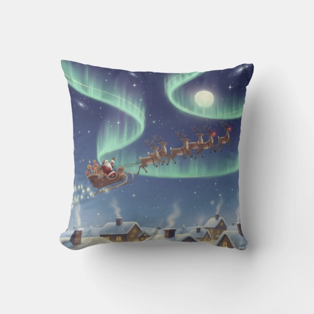 Magical Christmas Night Sky Throw Pillow Santa  (Front)