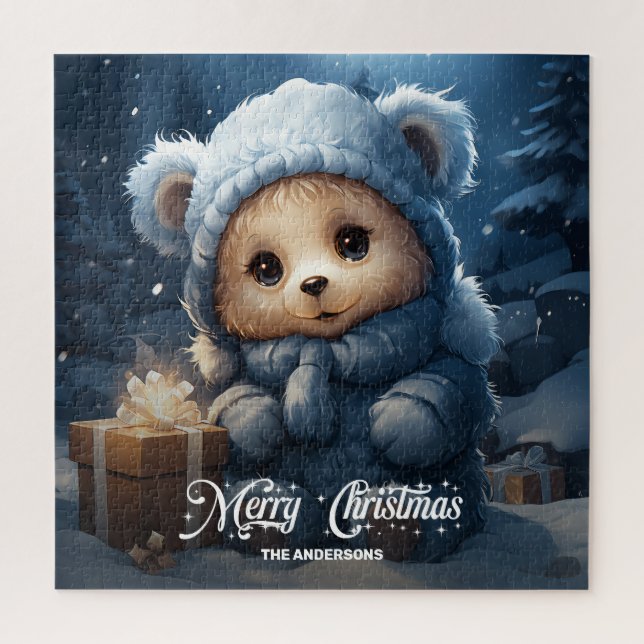 Magical Christmas night teddy bear with present Jigsaw Puzzle (Vertical)