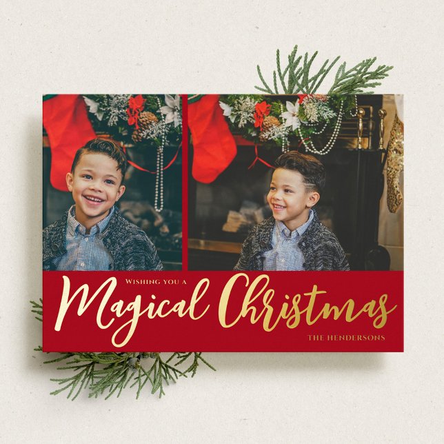 Magical Christmas Photo Collage and Red and Gold Foil Holiday Card (Creator Uploaded)