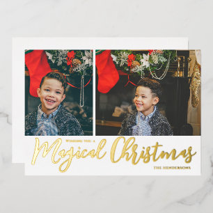 Magical Christmas Photo Collage and White and Gold Foil Holiday Card