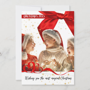 Magical Christmas Photo Red Ribbon Holiday Card