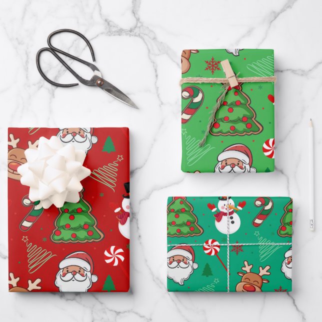 Magical Christmas – Santa, Reindeer & Snowflakes Wrapping Paper Sheet (Front)