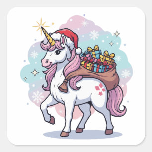 Magical Christmas Santa Unicorn with Gifts Holiday Square Sticker