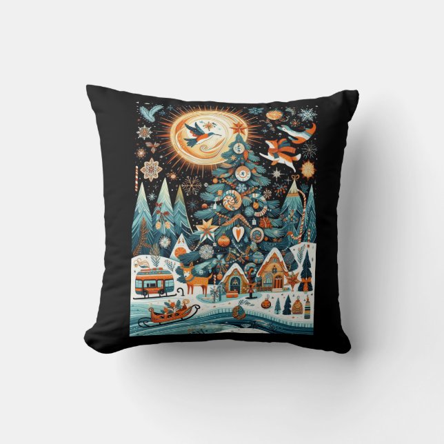 Magical Christmas Scene Illustration Cushion (Front)