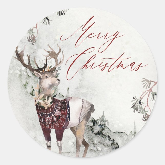 Magical Christmas Scene Rustic Woodland Deer Classic Round Sticker (Front)