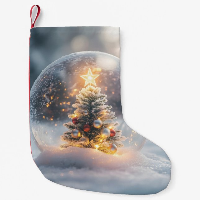 Magical Christmas Snow Globe with Glowing Tree Small Christmas Stocking (Front)