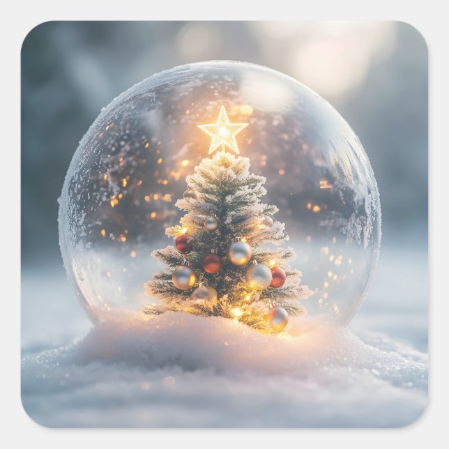 Magical Christmas Snow Globe with Glowing Tree Square Sticker (Front)