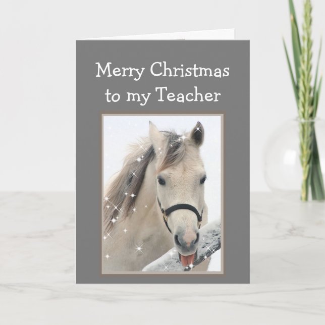 Magical Christmas Teacher  Wishes White Horse Card (Front)