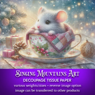 Magical Christmas Teacup Mouse And Quilt Decoupage Tissue Paper