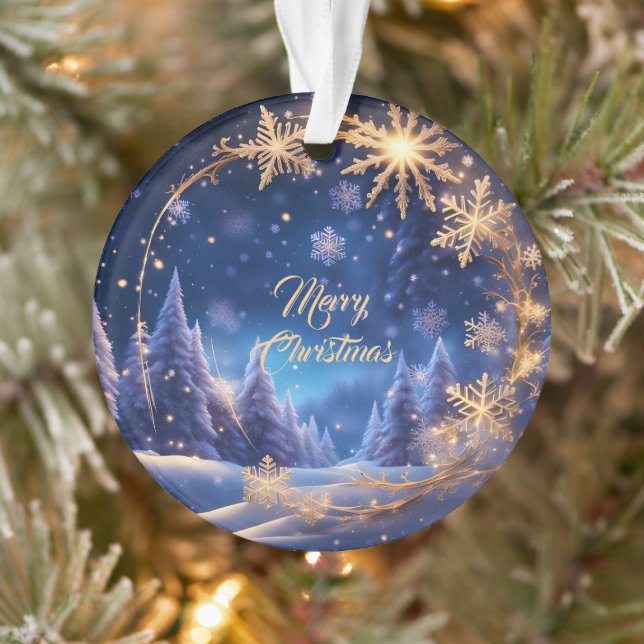 Magical Christmas time - golden snowflakes on blue Ornament (Tree)