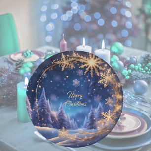 Magical Christmas time - golden snowflakes on blue Paper Plate