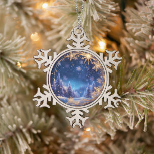 Magical Christmas time - golden snowflakes on blue Snowflake Pewter Christmas Ornament