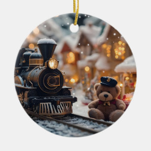 Magical Christmas Train Scene with Teddy Bear Ceramic Tree Decoration