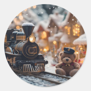 Magical Christmas Train Scene with Teddy Bear Classic Round Sticker