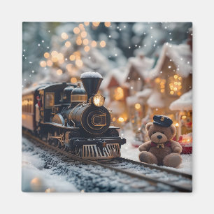 Magical Christmas Train Scene with Teddy Bear  Magnet