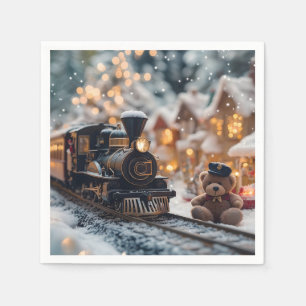 Magical Christmas Train Scene with Teddy Bear  Napkin