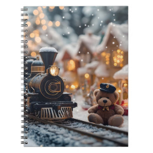 Magical Christmas Train Scene with Teddy Bear Notebook