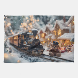 Magical Christmas Train Scene with Teddy Bear  Tea Towel
