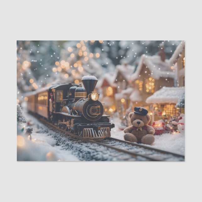 Magical Christmas Train Scene with Teddy Bear  Tissue Paper (Front)