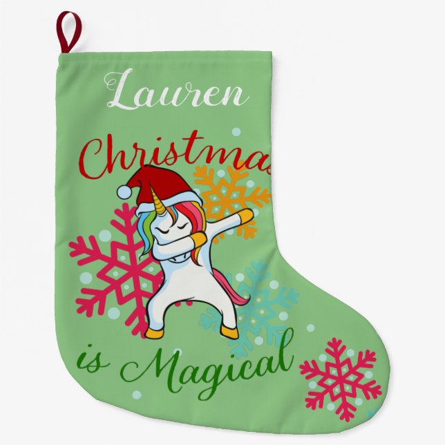 Magical Christmas Unicorn Dabbing Large Christmas Stocking (Front)