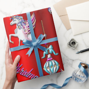 Magical Christmas Unicorns on Red Wrapping Paper