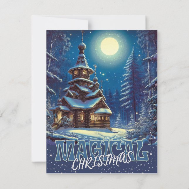 Magical Christmas Wooden Church Snow Moon Forest  Holiday Card (Front)
