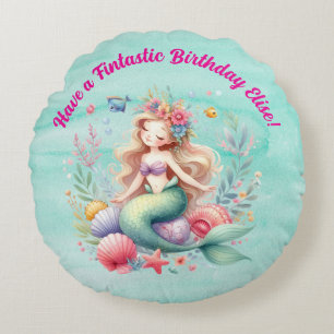Magical colorful Mermaid Fintastic Birthday Gift Round Cushion