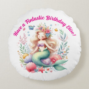 Magical colourful Mermaid Fintastic Birthday Gift Round Cushion