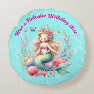 Magical colourful Mermaid Fintastic Birthday Gift Round Cushion