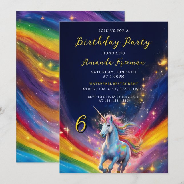 Magical Colourful Rainbow Unicorn 6th Birthday Invitation (Front/Back)