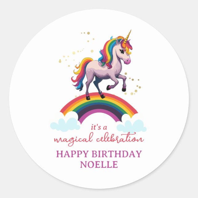 Magical Colourful Unicorn Rainbow Birthday Classic Round Sticker (Front)