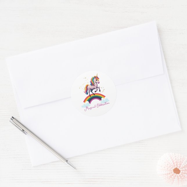 Magical Colourful Unicorn Rainbow Birthday Classic Round Sticker (Envelope)
