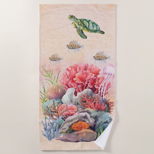 Magical coral reef Ocean life Nautical jellyfish Beach Towel (Front)