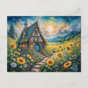 Magical Cottage with Sunflower Field Postcard