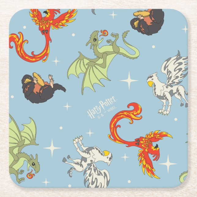 Magical Creatures Vintage Pattern Square Paper Coaster (Front)
