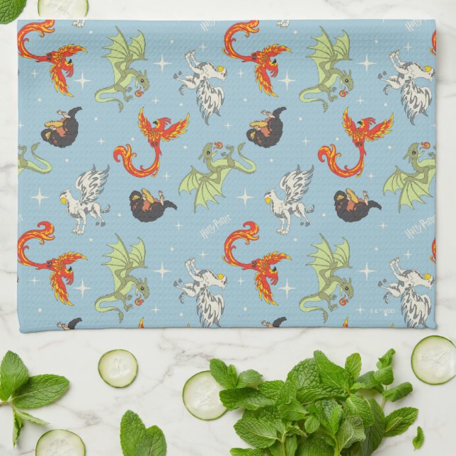 Magical Creatures Vintage Pattern Tea Towel (Folded)