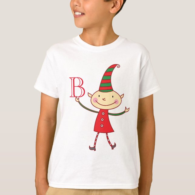 Magical Cute Christmas Elf Monogram Kid's Holiday T-Shirt (Front)