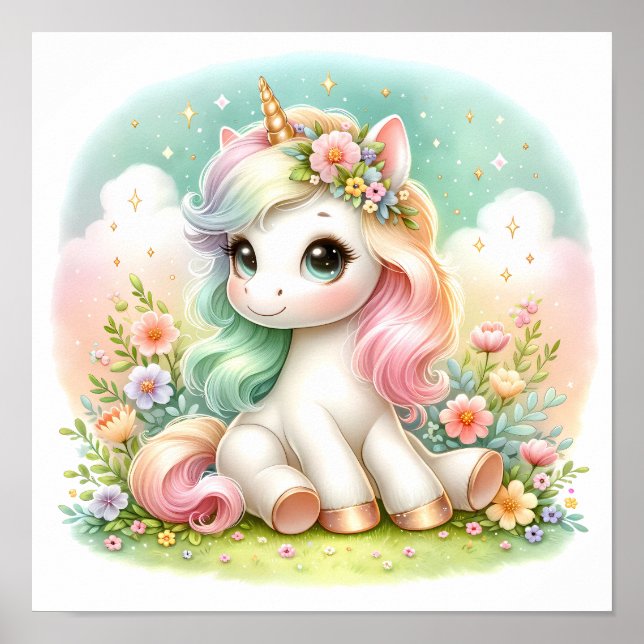 Magical Cute Kawaii Unicorn Floral Poster (Front)