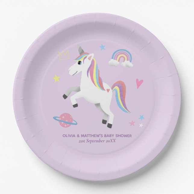 Magical Cute Purple Unicorn Girls Baby Shower Paper Plate (Front)