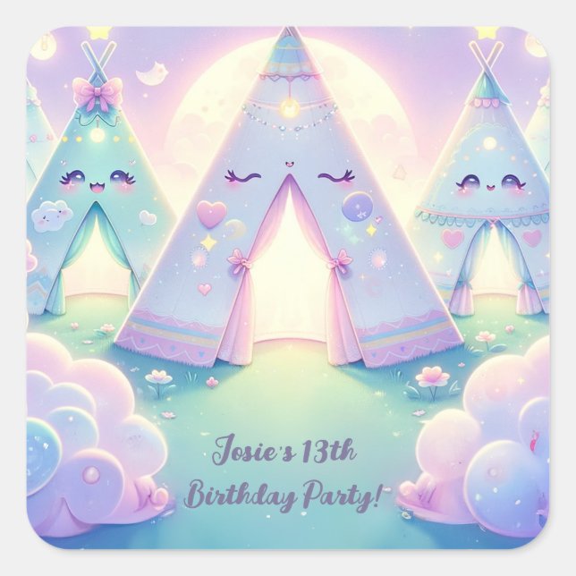 Magical Cute Sleepover Birthday Party Square Sticker (Front)