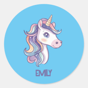Magical Cute Sparkly Pastel Unicorn with Kids Name Classic Round Sticker