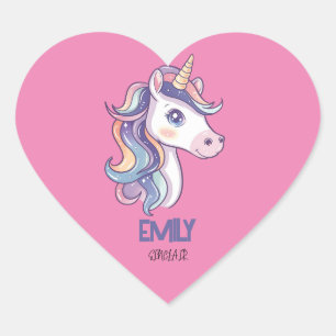 Magical Cute Sparkly Pastel Unicorn with Kids Name Heart Sticker