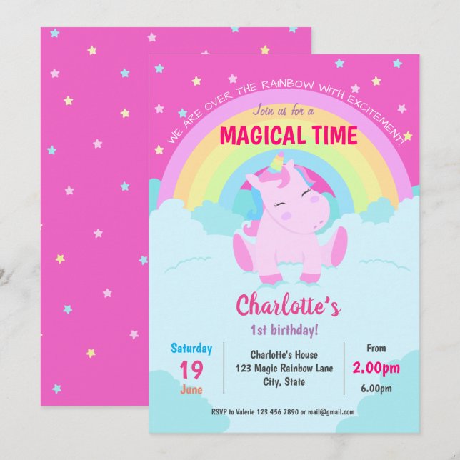 Magical Cute Unicorn Birthday Invitation (Front/Back)